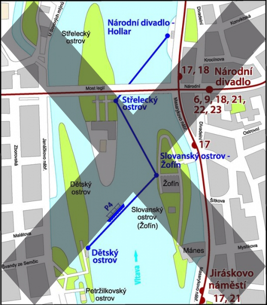 Mapa trasy přívozu P4 | Pražské Benátky