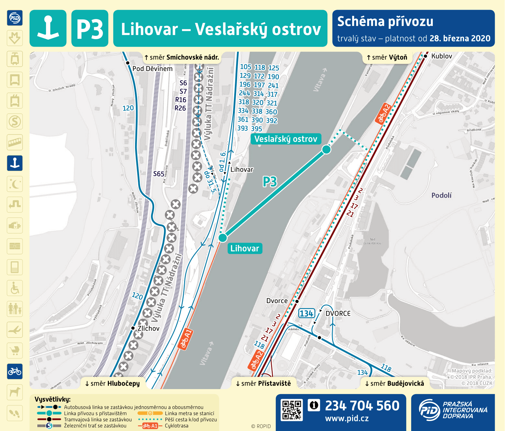 Mapa trasy přívozu P3 | Pražské Benátky