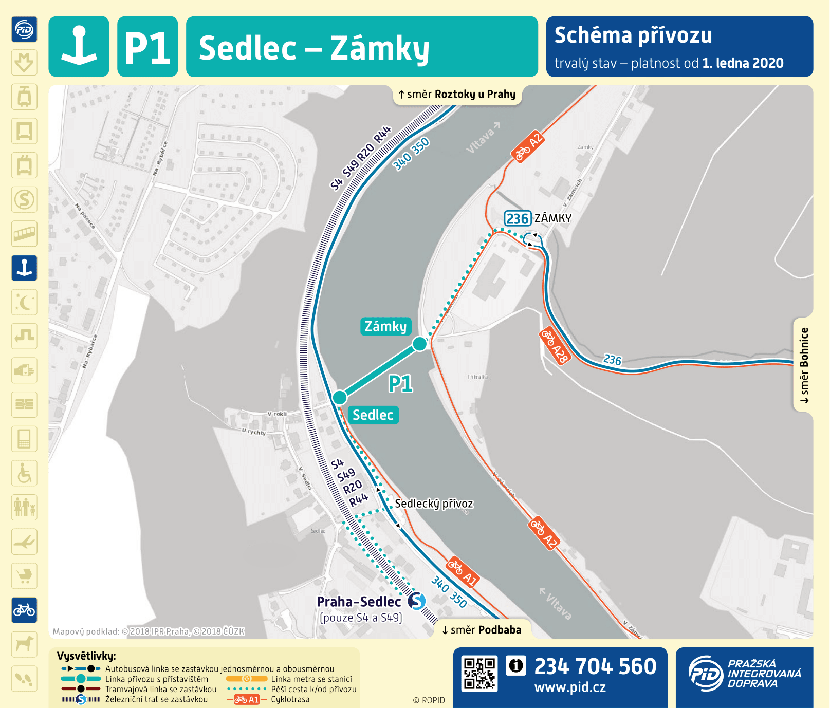 Mapa trasy přívozu P1 | Pražské Benátky