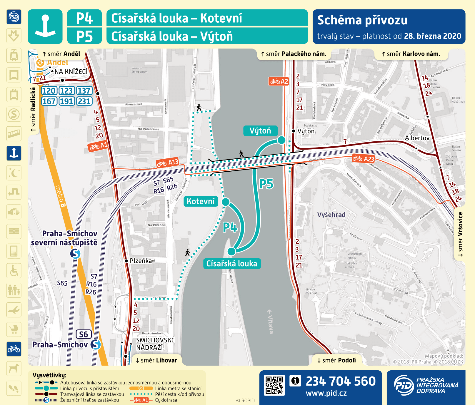 Mapa trasy přívozu P4 a P5| Pražské Benátky