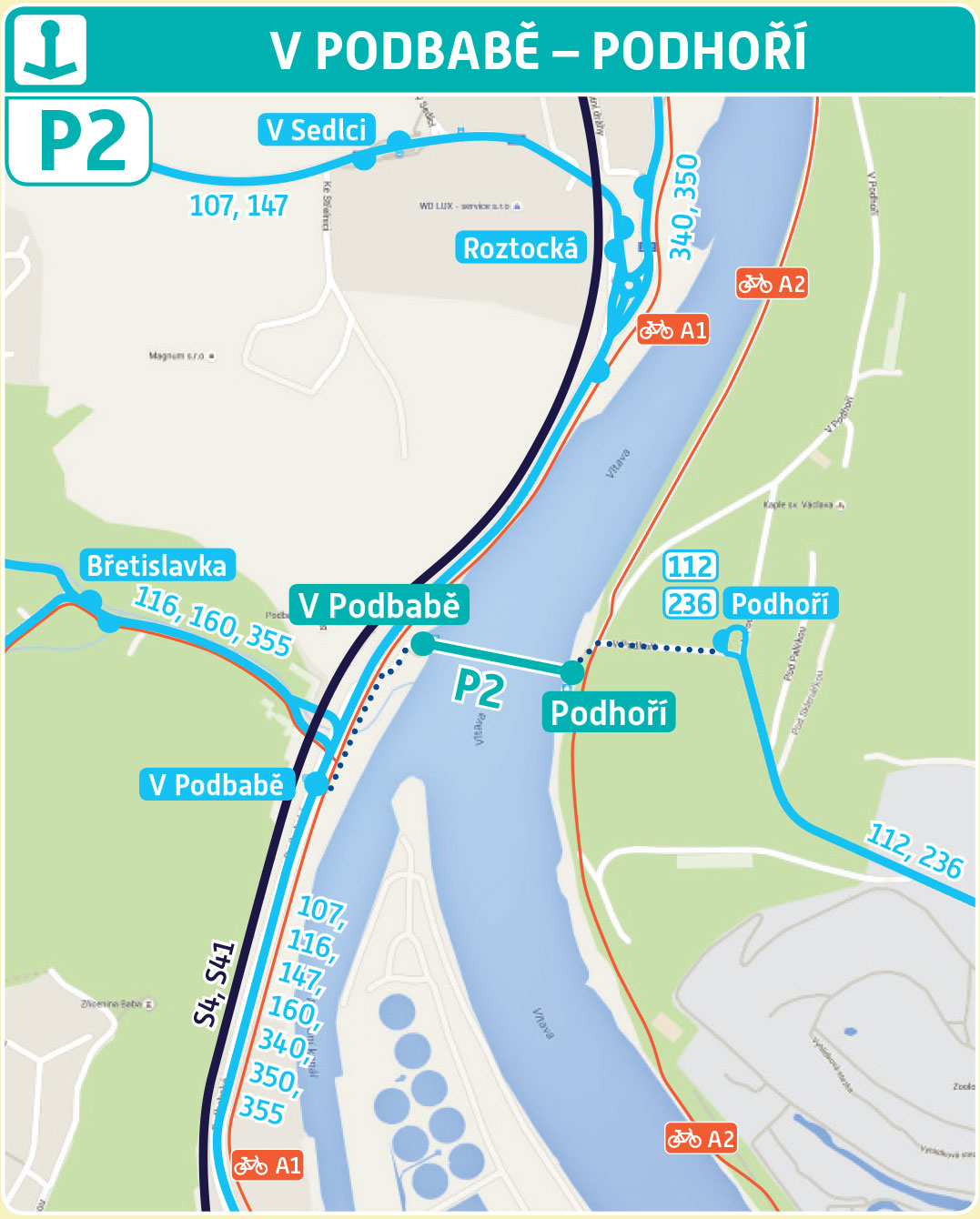 Mapa trasy přívozu P2 | Pražské Benátky