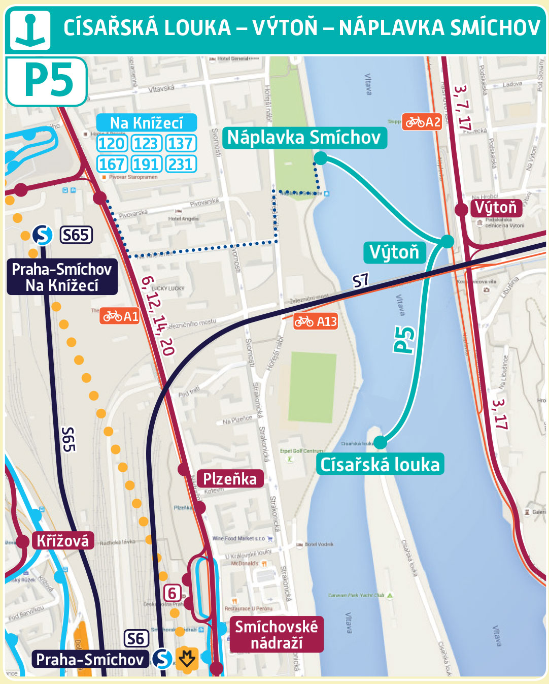 Mapa trasy přívozu P5 | Pražské Benátky