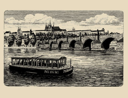 Судно «Пушкворец» плывет под Староместским водосливом с панорамой Градчан | Прага Венеция