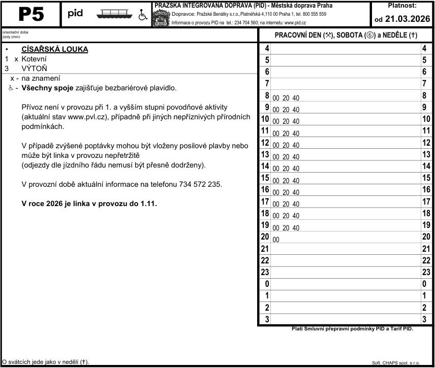 Jízdní řád, přístaviště Císařská louka| Pražské Benátky